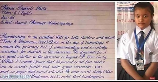 Prakriti Malla ismindeki kız öğrencinin yazısı, dünyanın en güzel yazısı seçildi.