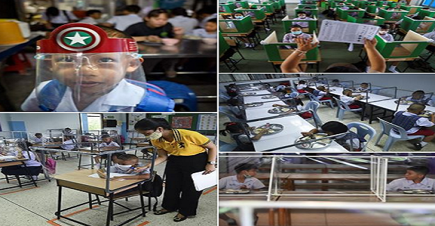 Fotoğraflar 1 Temmuz 2020'de eğitim öğretimin devam ettiği Tayland Sam Khok Ortaokulunda çekilmiş.